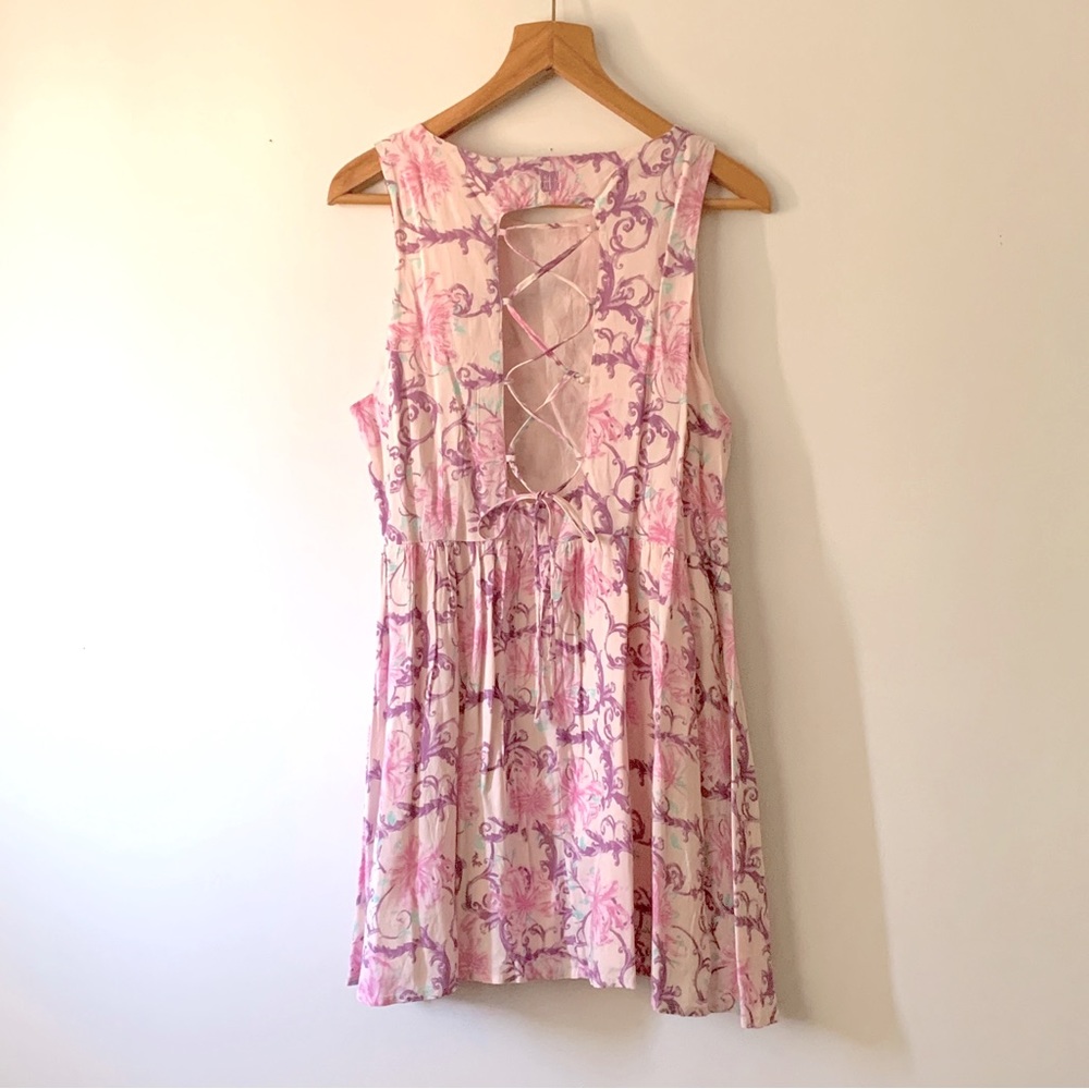 INSIGHT Pink + purple floral midi dress with lace up style back Size 10